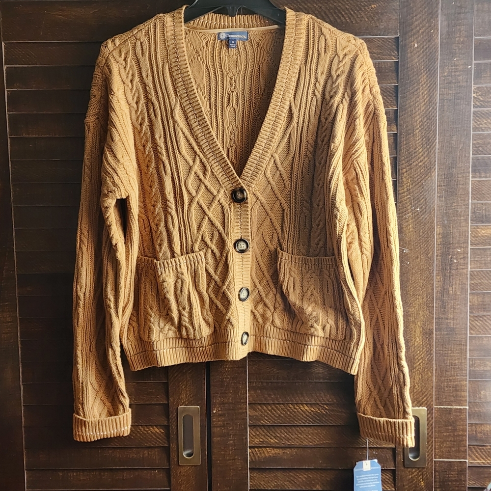 Cable Knit Cardigan Sweater Long Sleeve Button Front Pockets Metallic Shimmer S